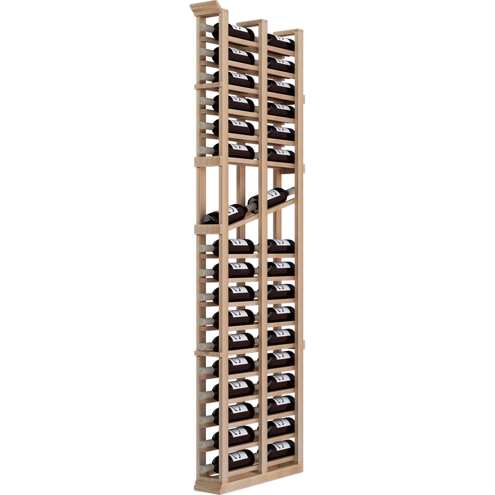 a wooden wine rack filled with bottles of wine on a white background . a wooden wine rack filled with bottles of wine on a white background .