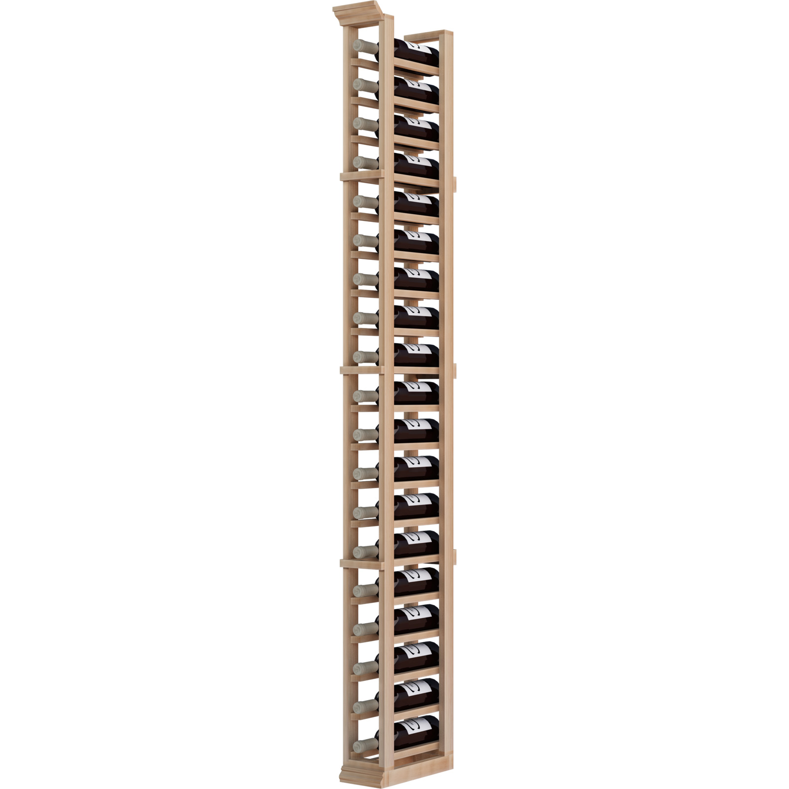 a wooden wine rack filled with bottles of wine on a white background . a wooden wine rack filled with bottles of wine on a white background .