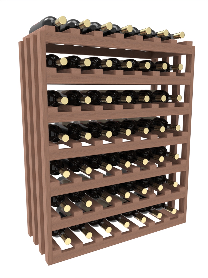 a row of wooden wine racks filled with bottles of wine